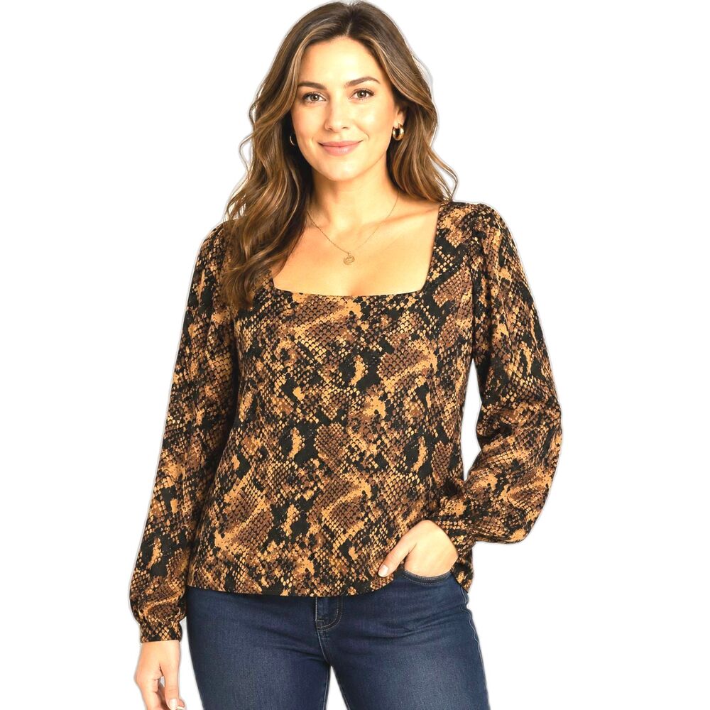 Ann Taylor Blouse L Balloon Sleeve Shirt Black/Brown Snake Skin Square Neck